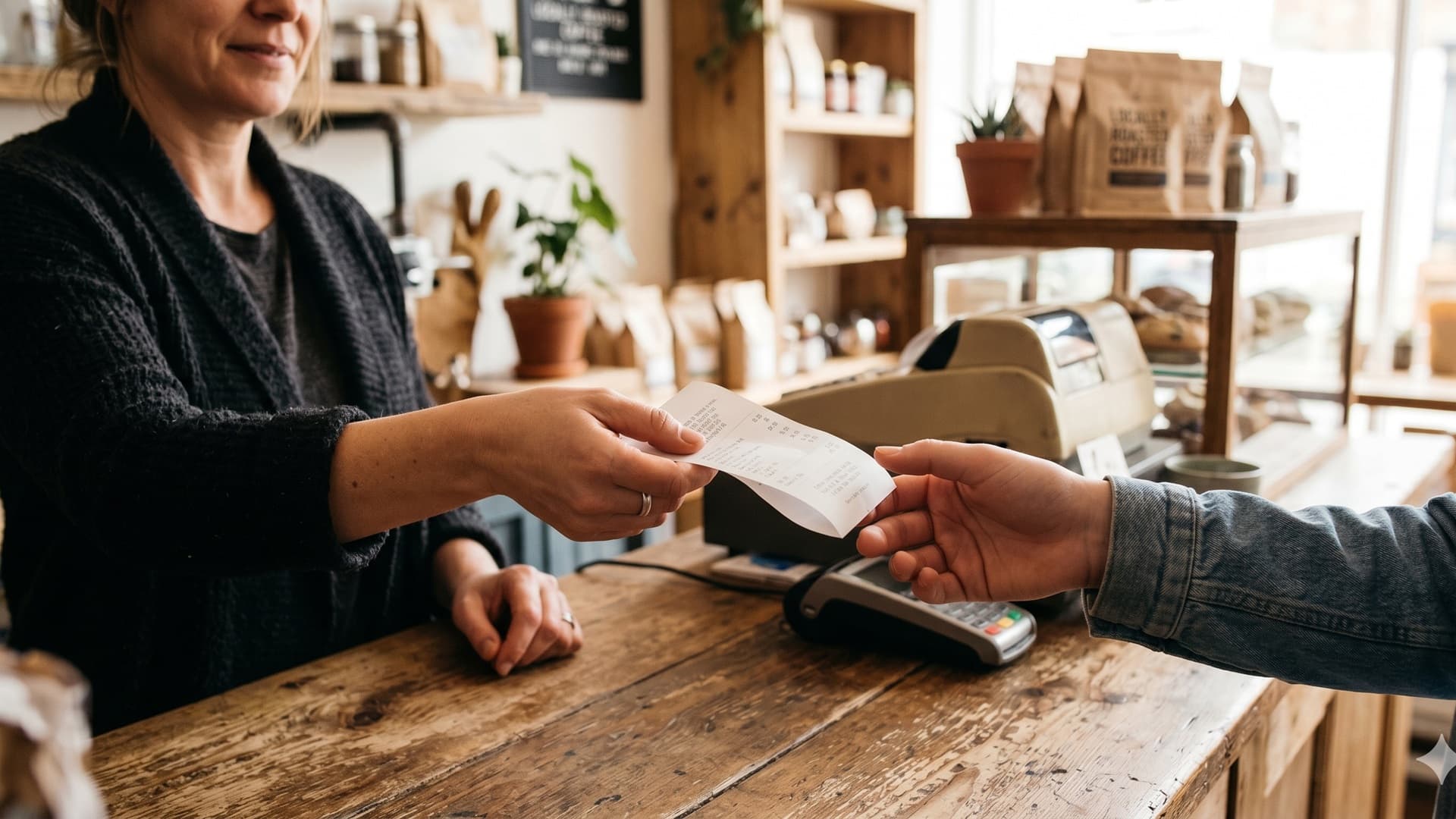 Cashier handling receipt at register